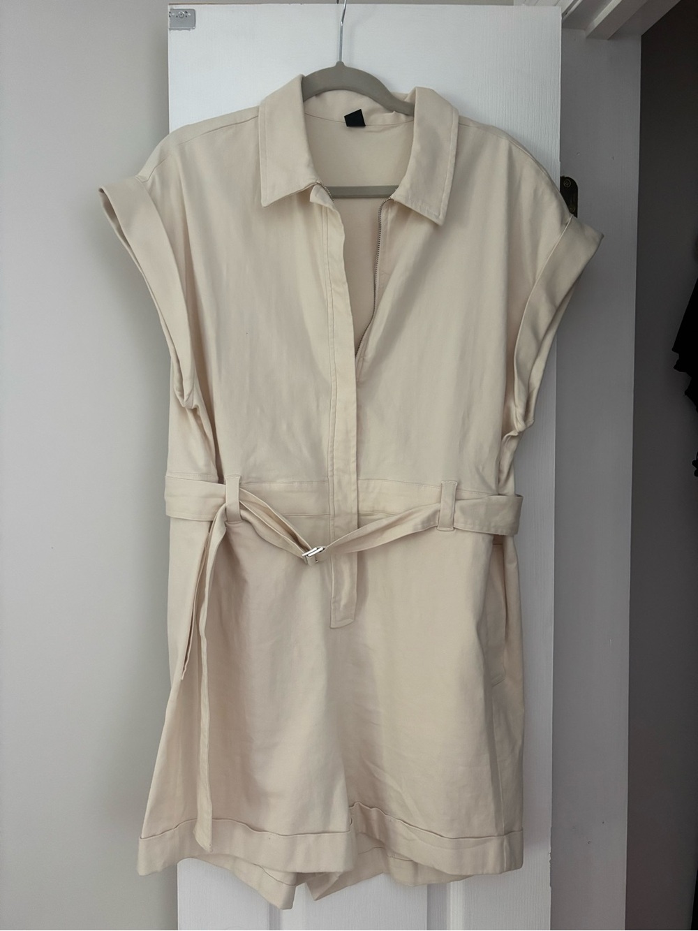 Cream Collared Belted Romper soft and stretch